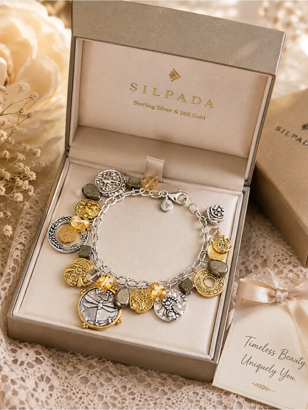 Rare Silpada Bracelet Silver and Gold Charm Bracelet up to 8.5” Wrists 💋